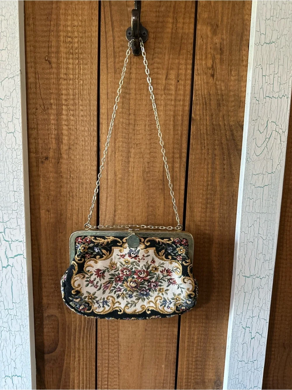 Floral Tapestry Evening Clutch in Black and Cream